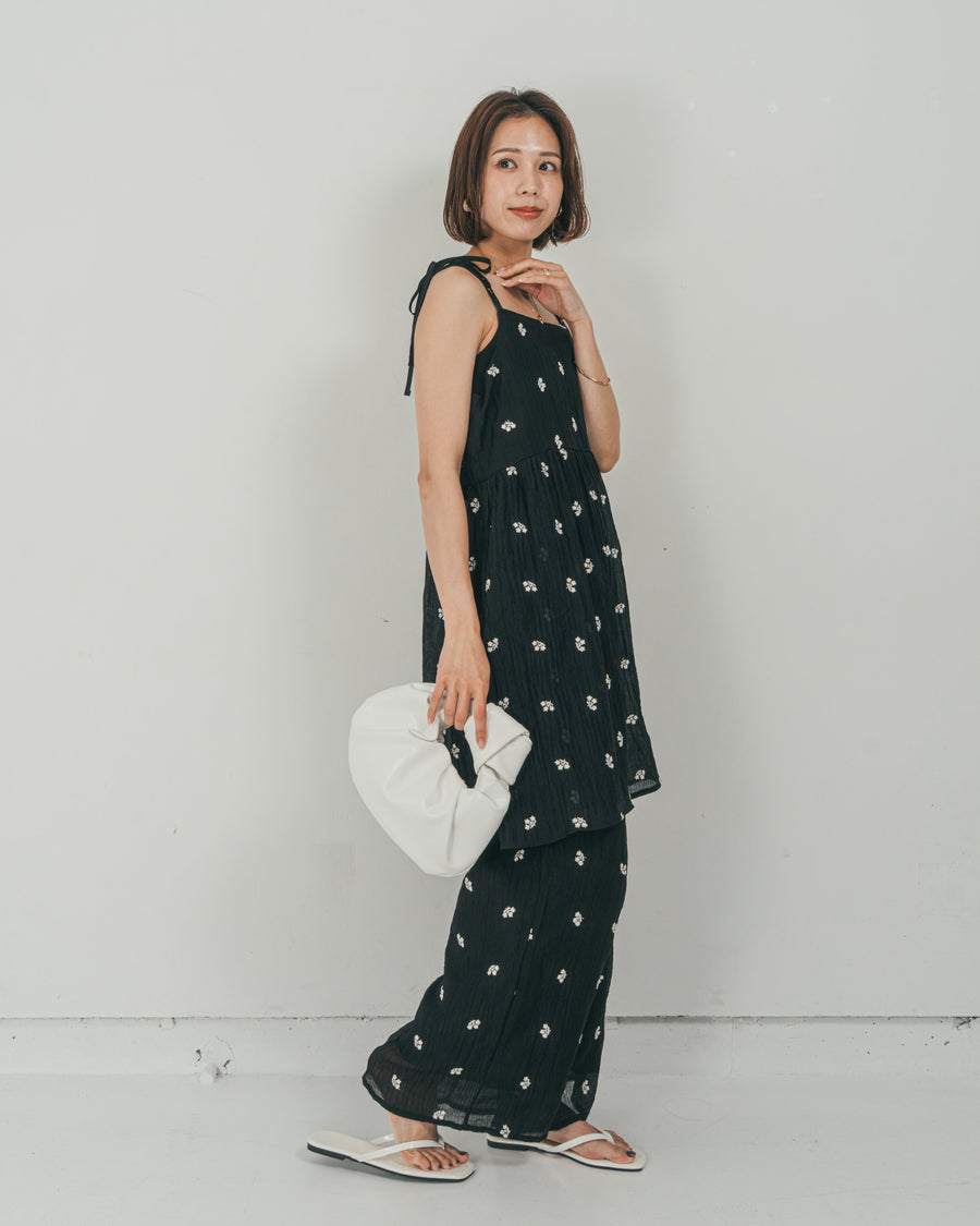 ［SET］ショルダーリボン刺繍Veilキャミ + 刺繍 Veilロングパンツ（2SET）