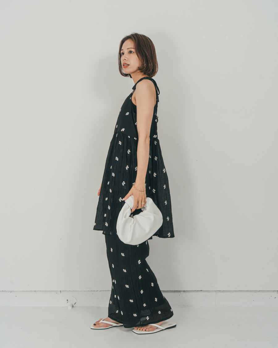 ［SET］ショルダーリボン刺繍Veilキャミ + 刺繍 Veilロングパンツ（2SET）