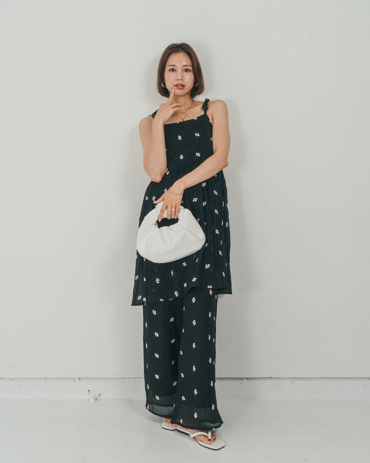 ［SET］ショルダーリボン刺繍Veilキャミ + 刺繍 Veilロングパンツ（2SET）