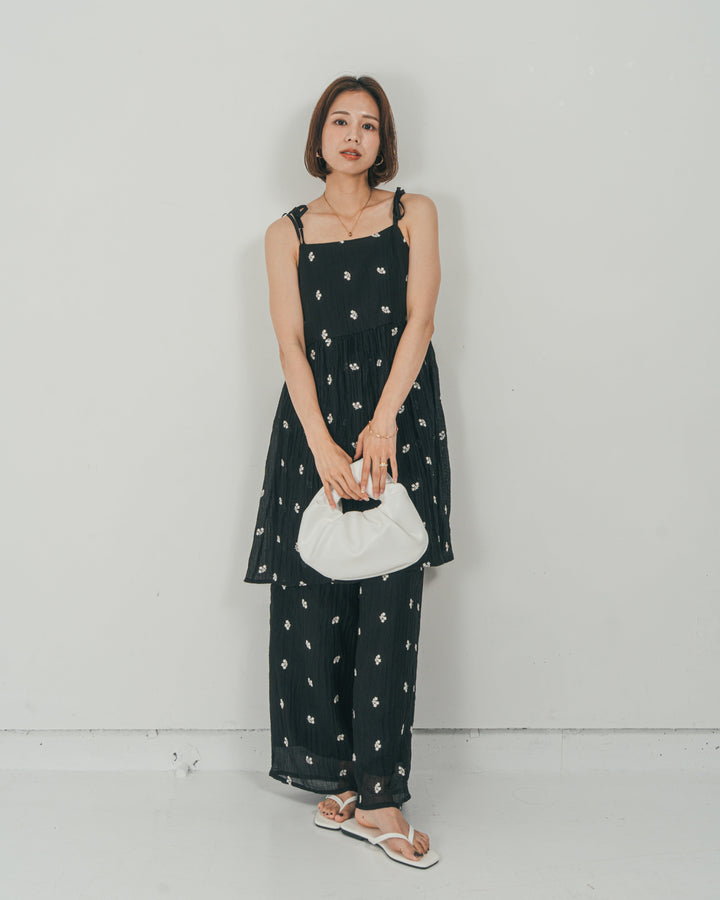 ［SET］ショルダーリボン刺繍Veilキャミ + 刺繍 Veilロングパンツ（2SET）