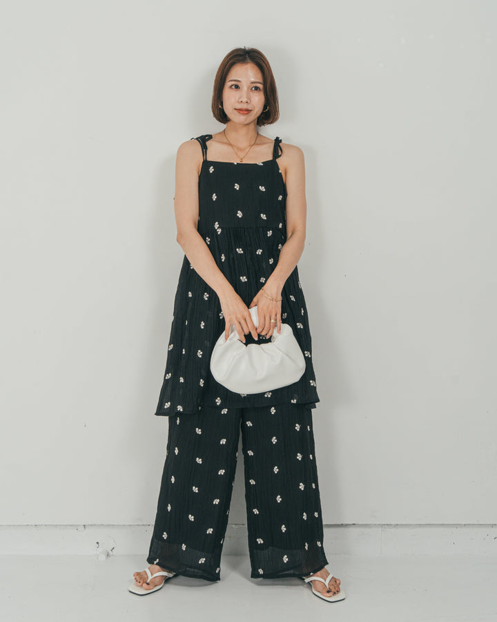 ［SET］ショルダーリボン刺繍Veilキャミ + 刺繍 Veilロングパンツ（2SET）