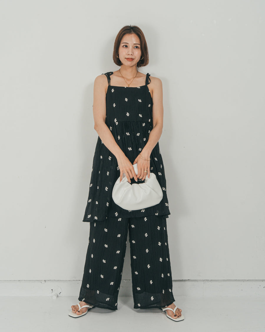 ［SET］ショルダーリボン刺繍Veilキャミ + 刺繍 Veilロングパンツ（2SET）