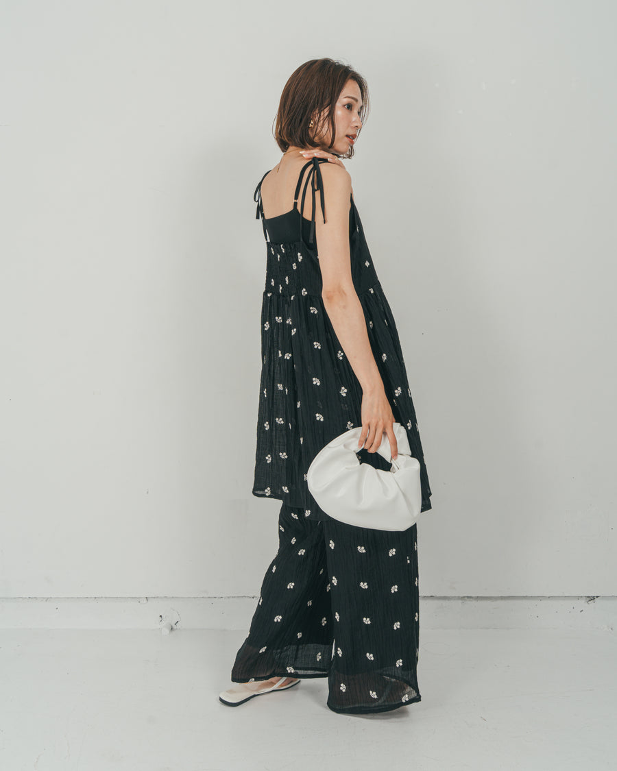 ［SET］ショルダーリボン刺繍Veilキャミ + 刺繍 Veilロングパンツ（2SET）