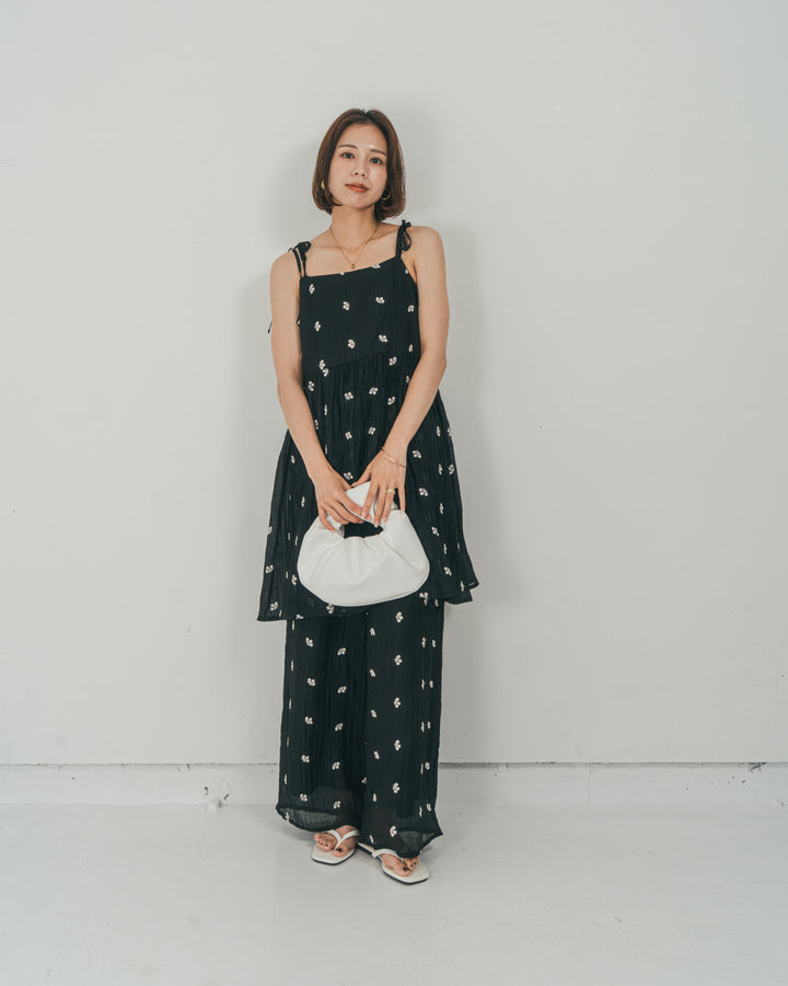 ［SET］ショルダーリボン刺繍Veilキャミ + 刺繍 Veilロングパンツ（2SET）