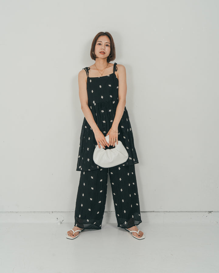 ［SET］ショルダーリボン刺繍Veilキャミ + 刺繍 Veilロングパンツ（2SET）