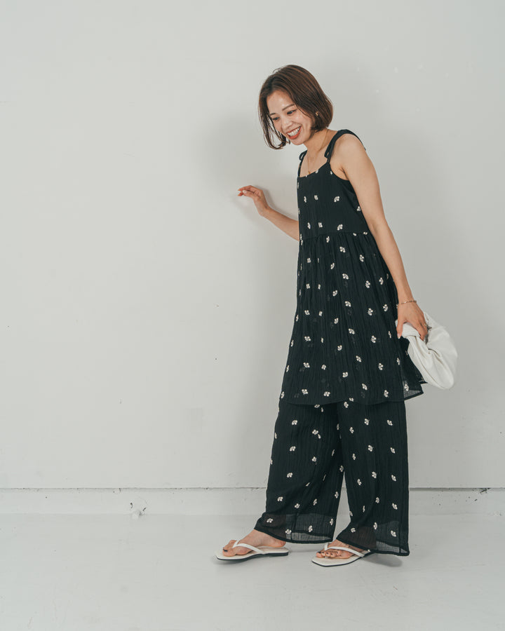［SET］ショルダーリボン刺繍Veilキャミ + 刺繍 Veilロングパンツ（2SET）