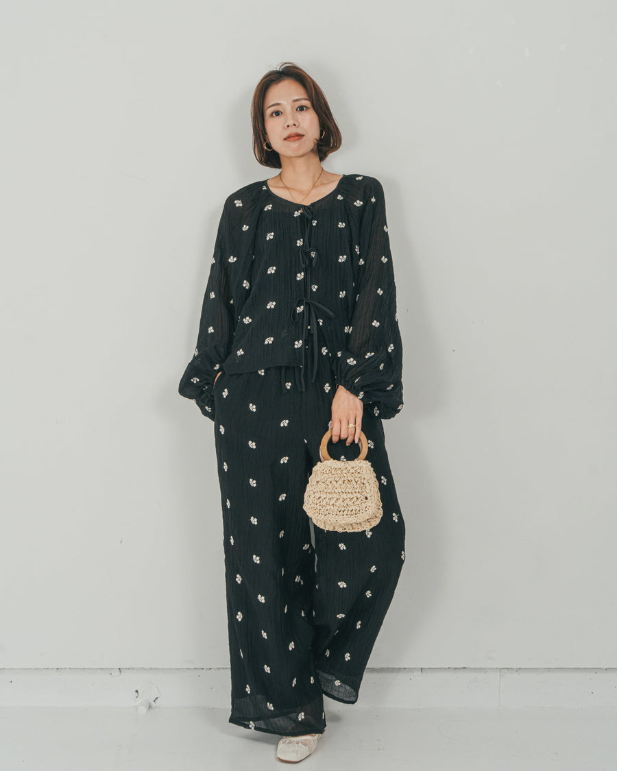 ［SET］フロントリボン刺繍 Veilブラウス + 刺繍 Veilロングパンツ（2SET）