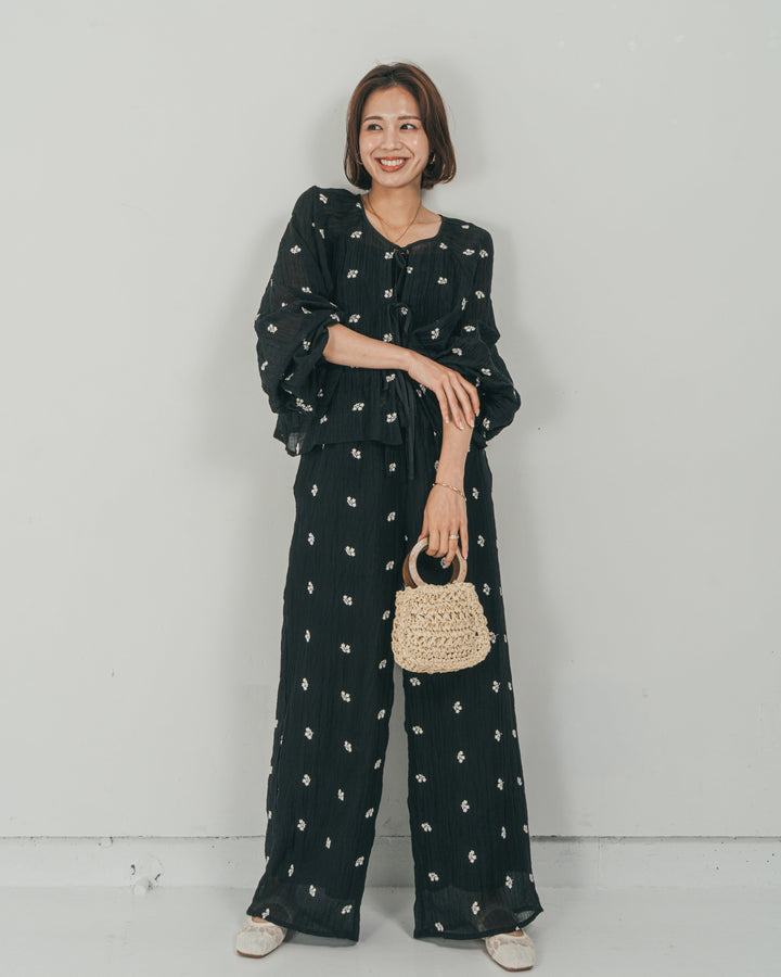 ［SET］フロントリボン刺繍 Veilブラウス + 刺繍 Veilロングパンツ（2SET）