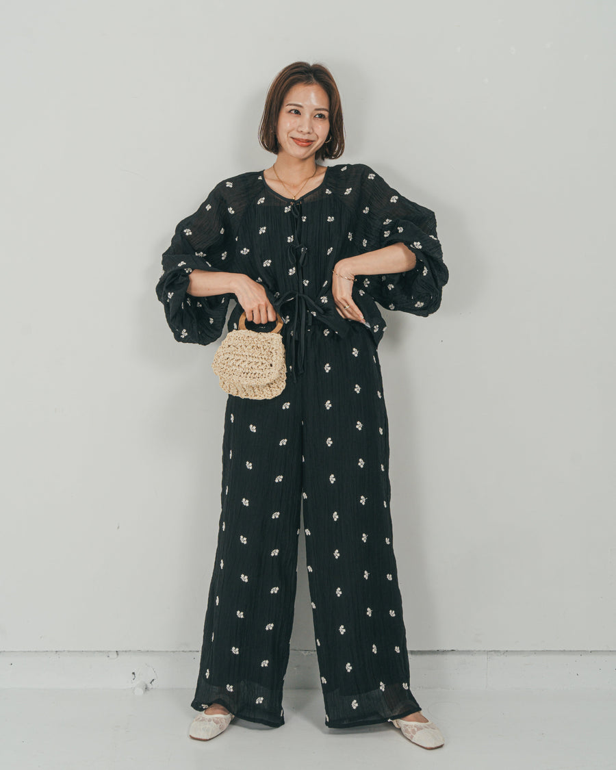 ［SET］フロントリボン刺繍 Veilブラウス + 刺繍 Veilロングパンツ（2SET）