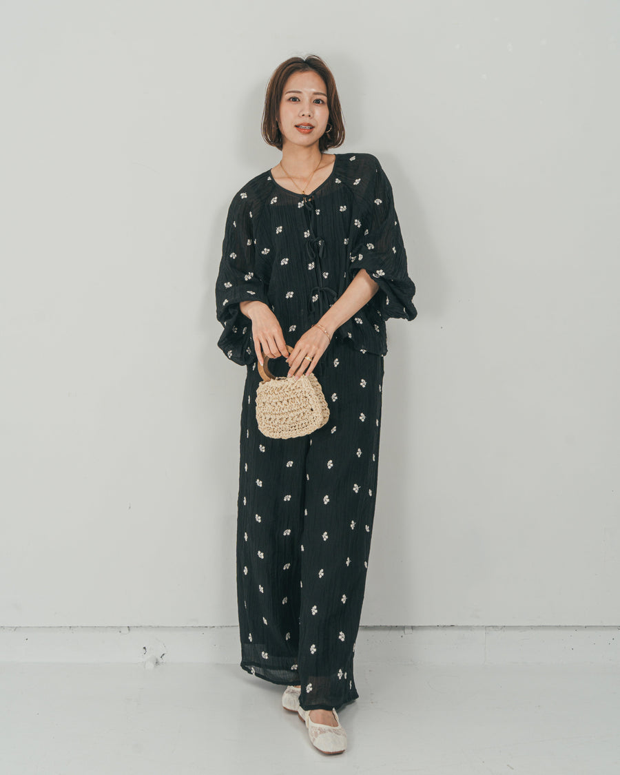 ［SET］フロントリボン刺繍 Veilブラウス + 刺繍 Veilロングパンツ（2SET）