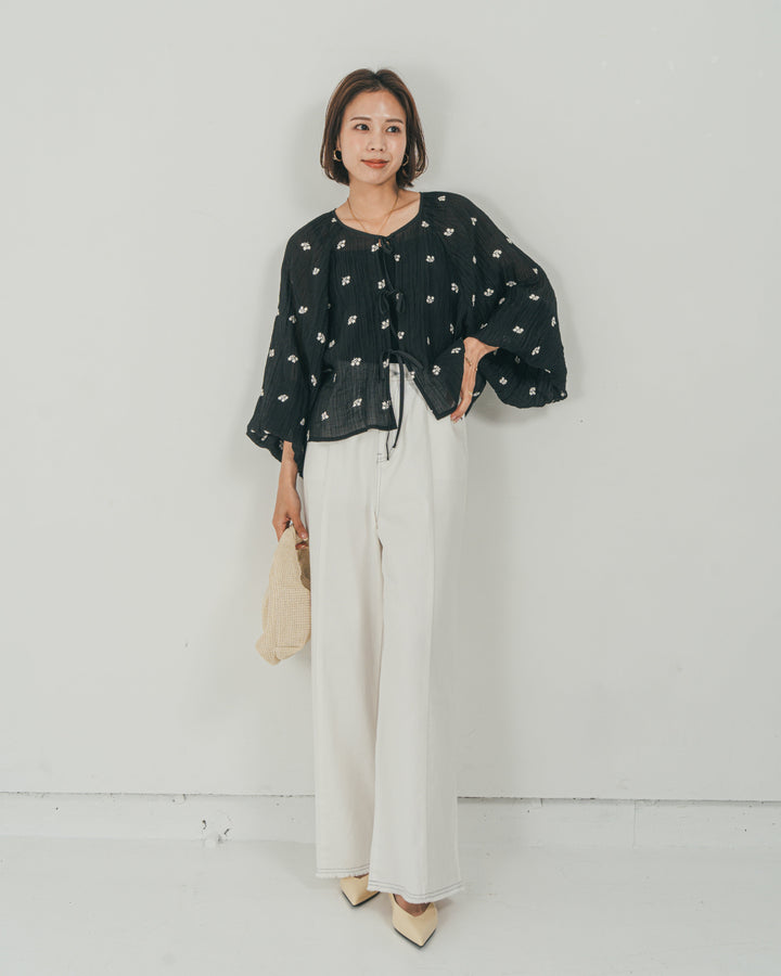 ［SET］フロントリボン刺繍 Veilブラウス + 10oz ニュアンスバイカラー リラックスワイドデニム（2SET）