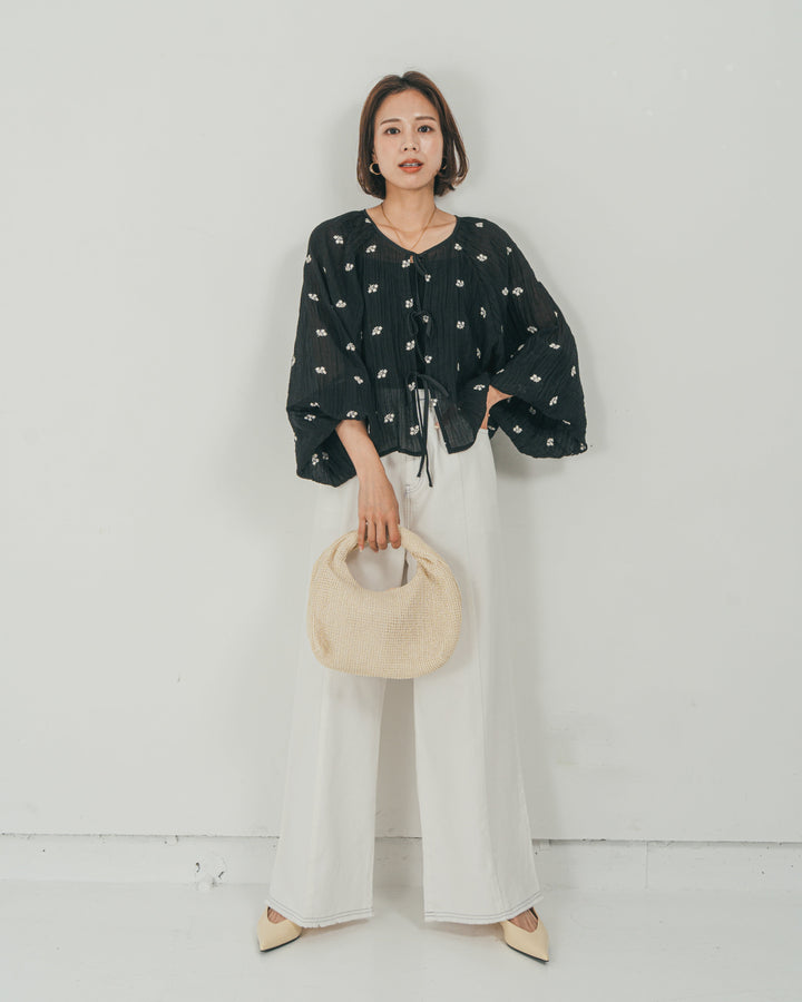 ［SET］フロントリボン刺繍 Veilブラウス + 10oz ニュアンスバイカラー リラックスワイドデニム（2SET）