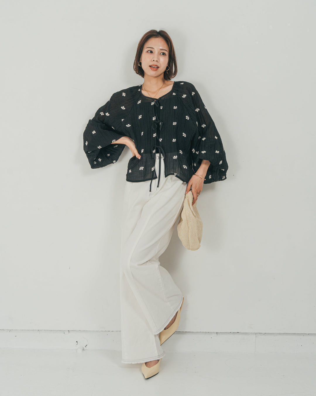 ［SET］フロントリボン刺繍 Veilブラウス + 10oz ニュアンスバイカラー リラックスワイドデニム（2SET）