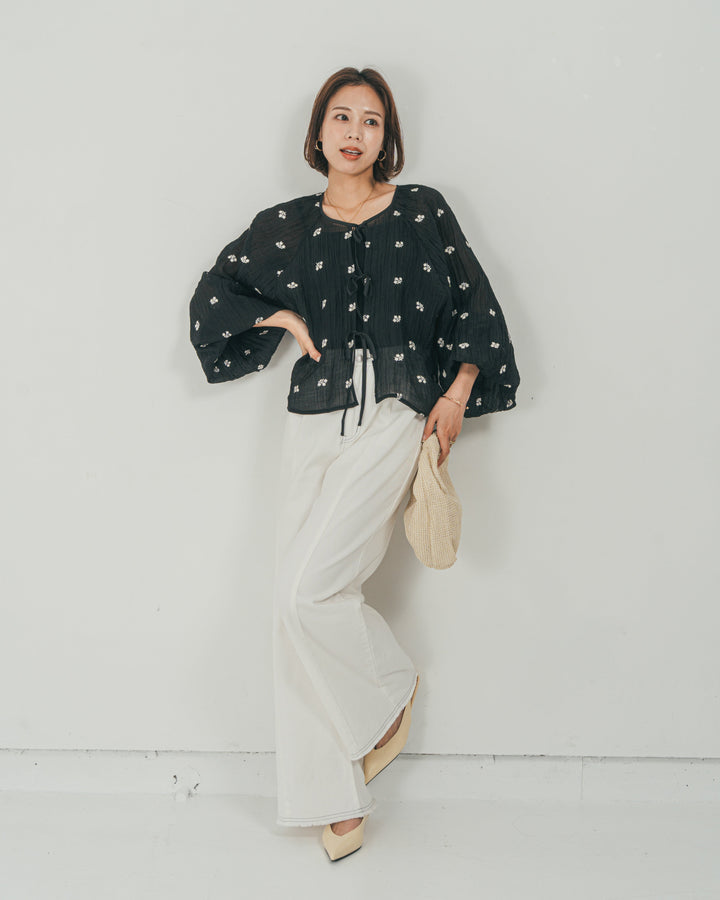 ［SET］フロントリボン刺繍 Veilブラウス + 10oz ニュアンスバイカラー リラックスワイドデニム（2SET）