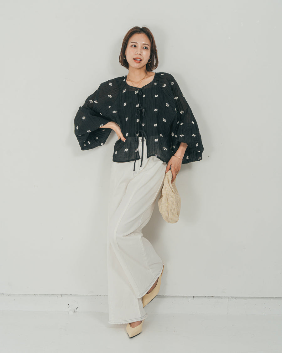 ［SET］フロントリボン刺繍 Veilブラウス + 10oz ニュアンスバイカラー リラックスワイドデニム（2SET）