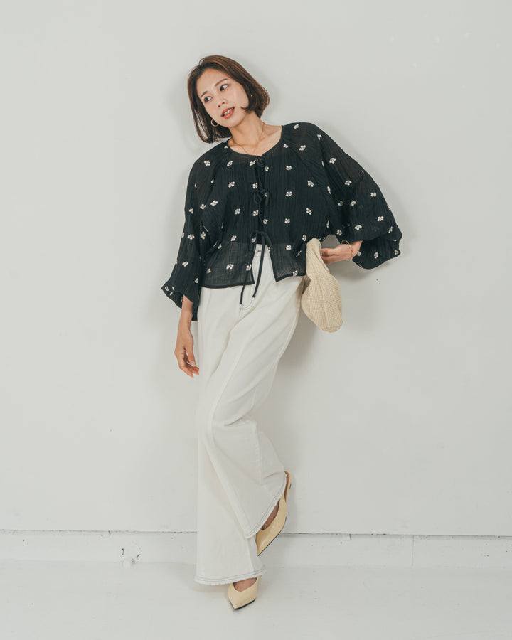 ［SET］フロントリボン刺繍 Veilブラウス + 10oz ニュアンスバイカラー リラックスワイドデニム（2SET）