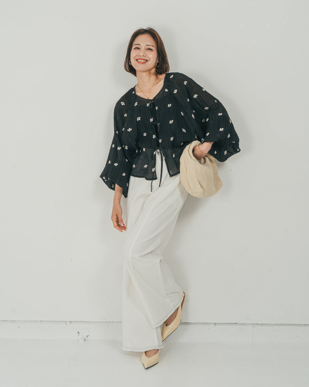 ［SET］フロントリボン刺繍 Veilブラウス + 10oz ニュアンスバイカラー リラックスワイドデニム（2SET）