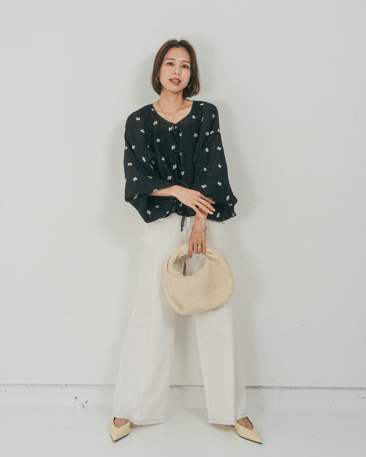 ［SET］フロントリボン刺繍 Veilブラウス + 10oz ニュアンスバイカラー リラックスワイドデニム（2SET）