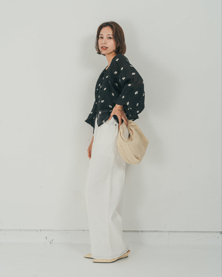 ［SET］フロントリボン刺繍 Veilブラウス + 10oz ニュアンスバイカラー リラックスワイドデニム（2SET）