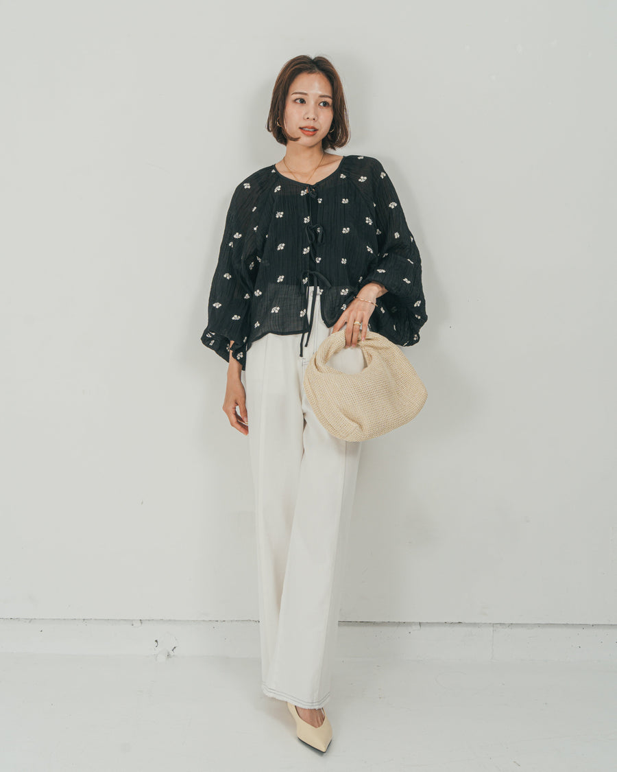 ［SET］フロントリボン刺繍 Veilブラウス + 10oz ニュアンスバイカラー リラックスワイドデニム（2SET）