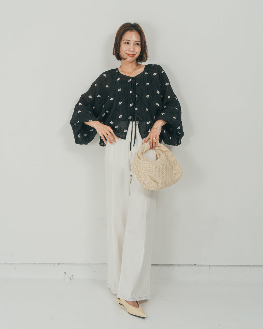 ［SET］フロントリボン刺繍 Veilブラウス + 10oz ニュアンスバイカラー リラックスワイドデニム（2SET）