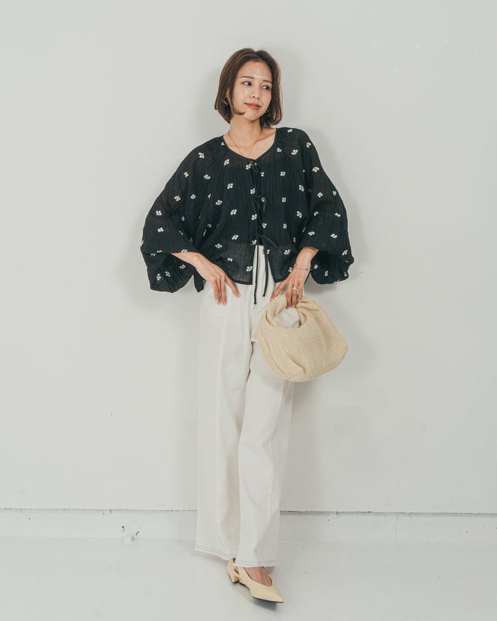 ［SET］フロントリボン刺繍 Veilブラウス + 10oz ニュアンスバイカラー リラックスワイドデニム（2SET）