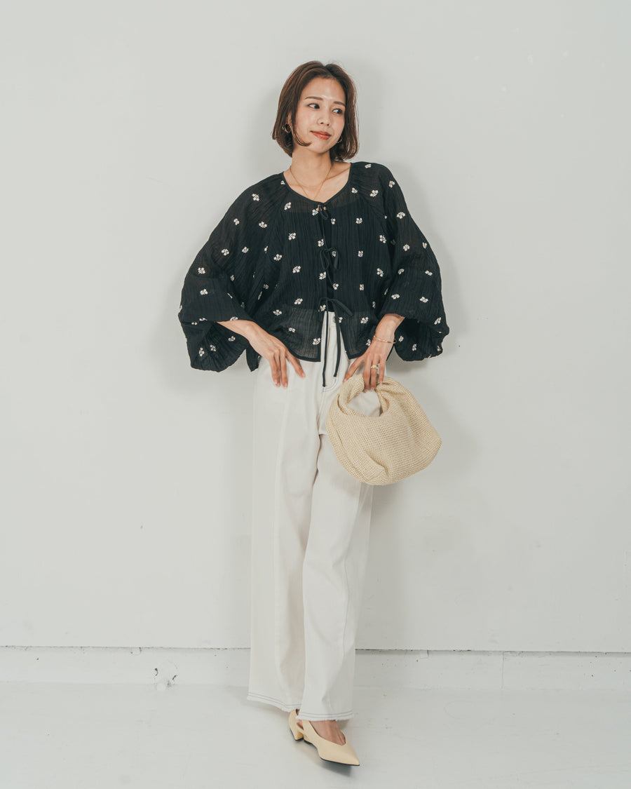 ［SET］フロントリボン刺繍 Veilブラウス + 10oz ニュアンスバイカラー リラックスワイドデニム（2SET）