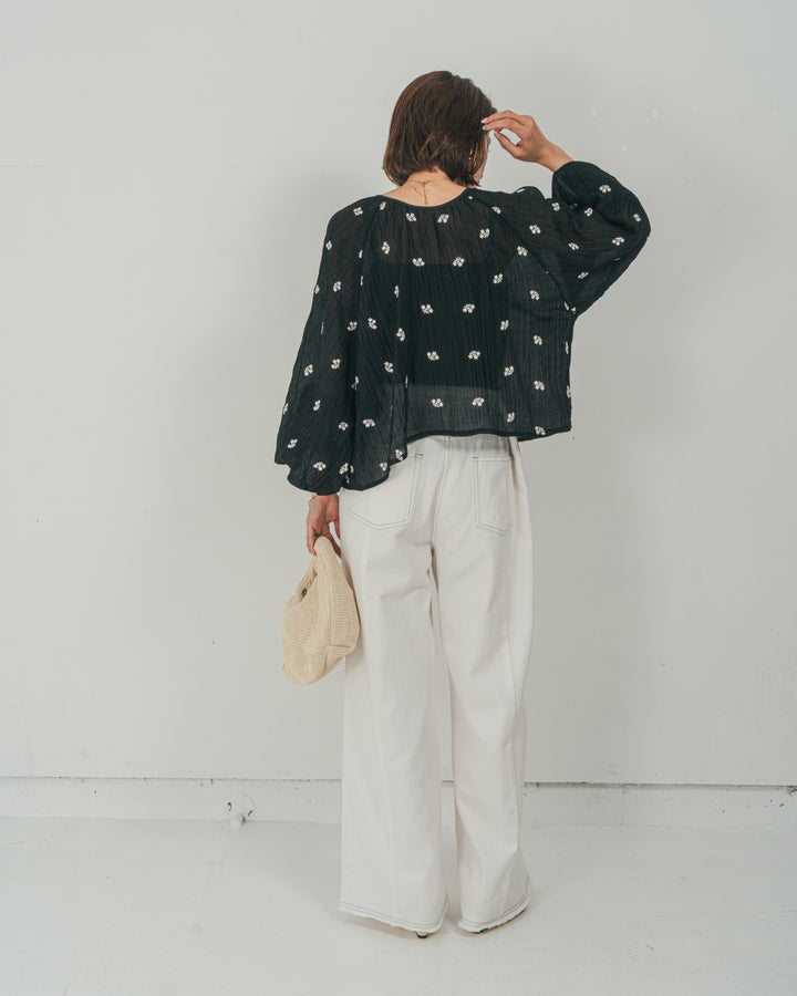 ［SET］フロントリボン刺繍 Veilブラウス + 10oz ニュアンスバイカラー リラックスワイドデニム（2SET）