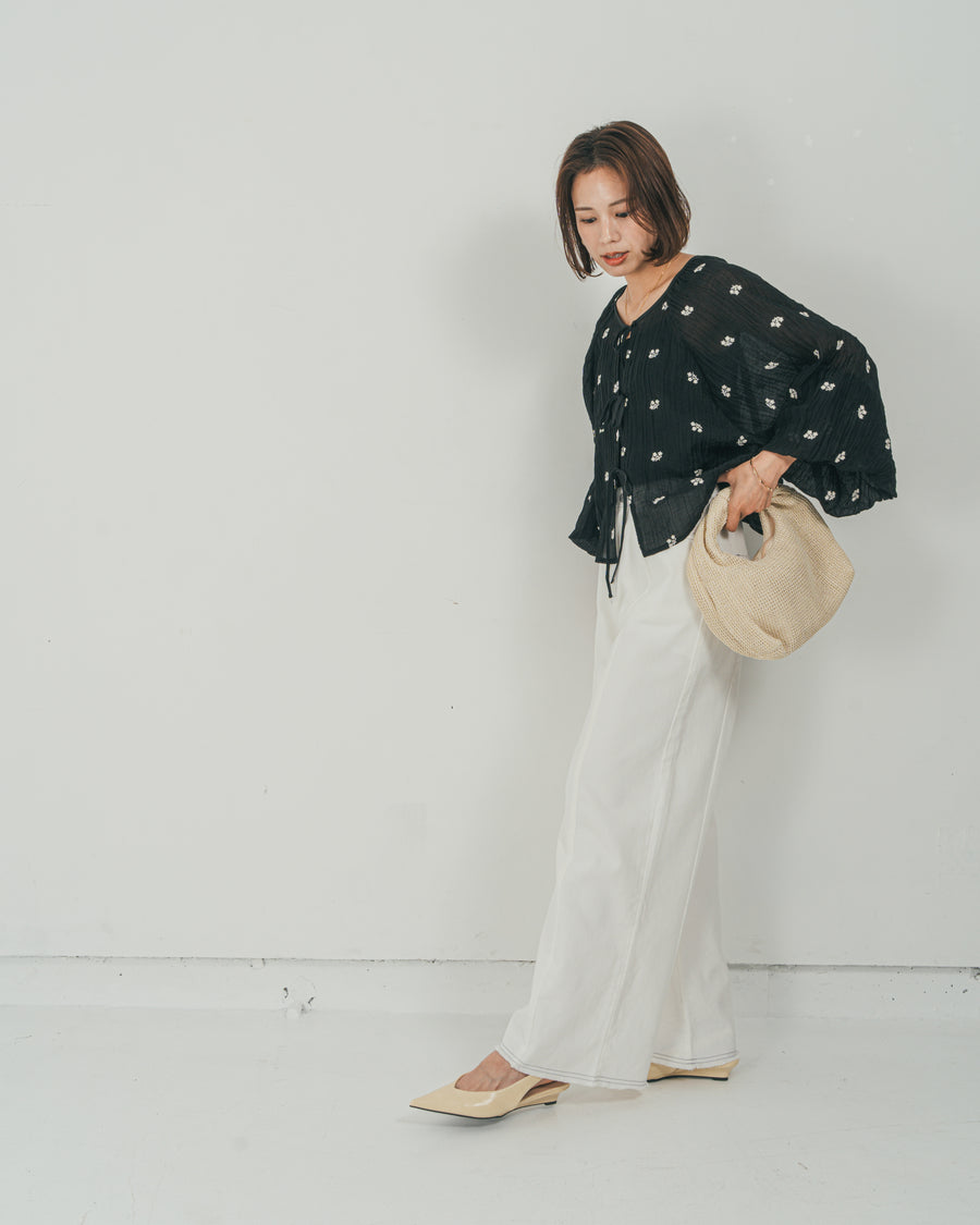 ［SET］フロントリボン刺繍 Veilブラウス + 10oz ニュアンスバイカラー リラックスワイドデニム（2SET）
