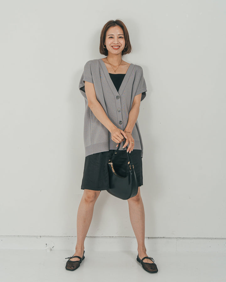 ［SET］VネックRelaxニットベスト + Vintageサテン　ハーフパンツ（2SET）
