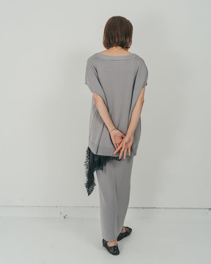 ［SET］VネックRelaxニットベスト + サテンアシメ レースキャミ + Relax Knit ストレートスカート（3SET）