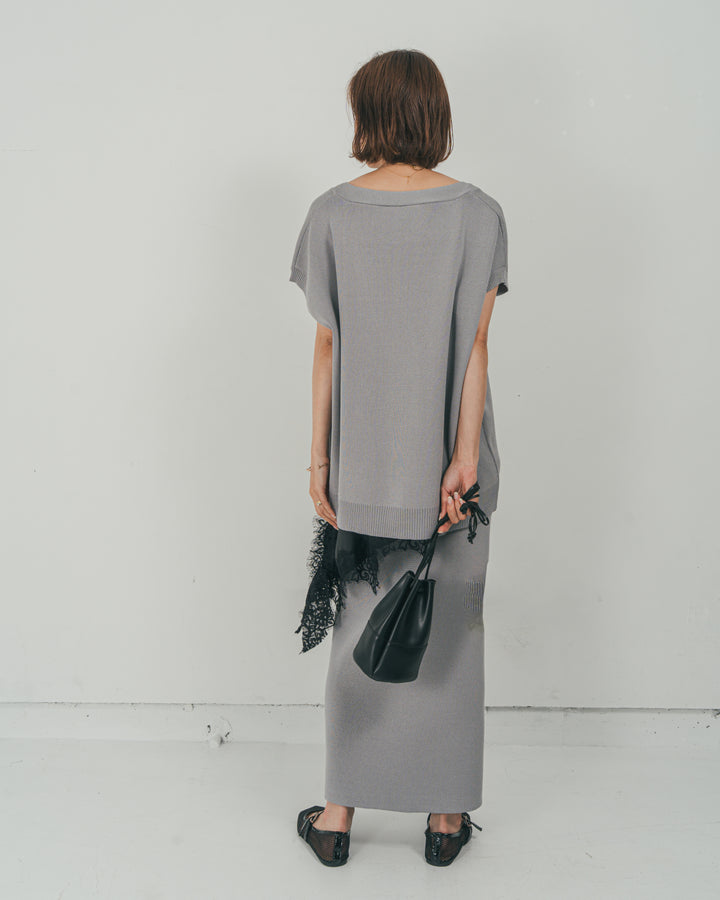 ［SET］VネックRelaxニットベスト + サテンアシメ レースキャミ + Relax Knit ストレートスカート（3SET）