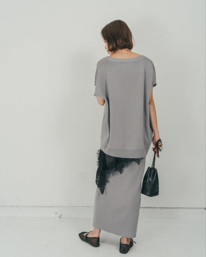 ［SET］VネックRelaxニットベスト + サテンアシメ レースキャミ + Relax Knit ストレートスカート（3SET）