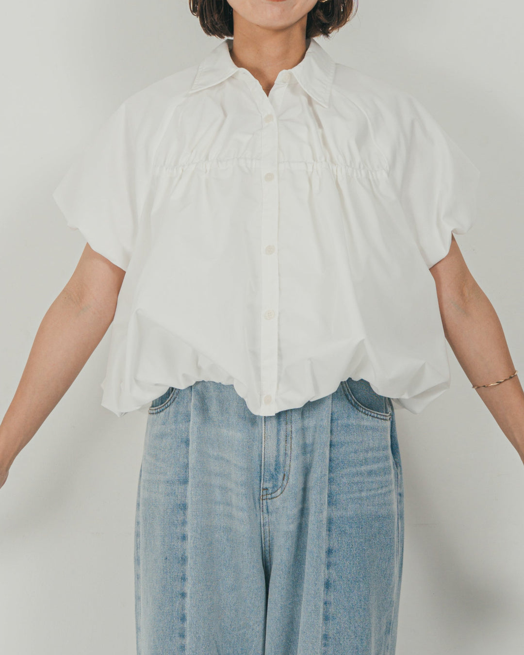 ［SET］バルーンShirringハーフスリーブシャツ + 10oz ニュアンスバイカラー リラックスワイドデニム（2SET）