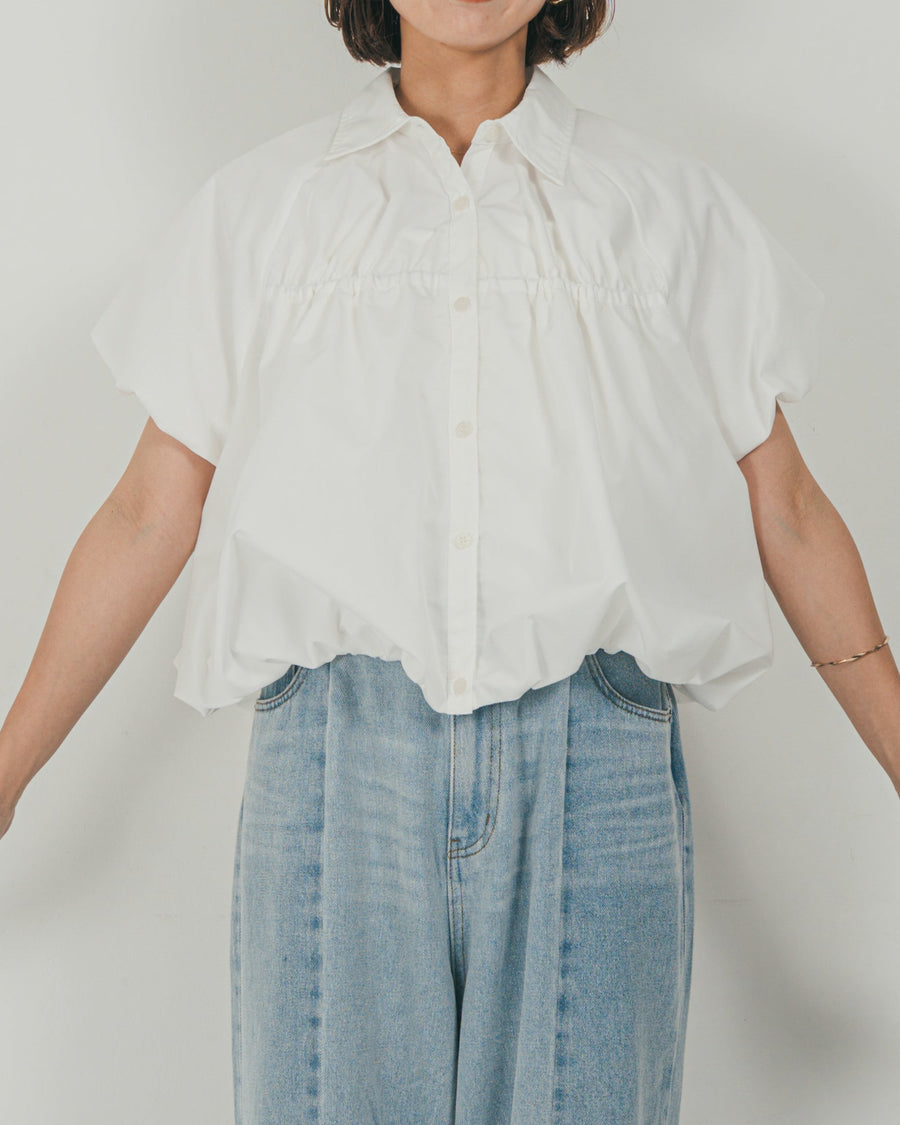 ［SET］バルーンShirringハーフスリーブシャツ + 10oz ニュアンスバイカラー リラックスワイドデニム（2SET）
