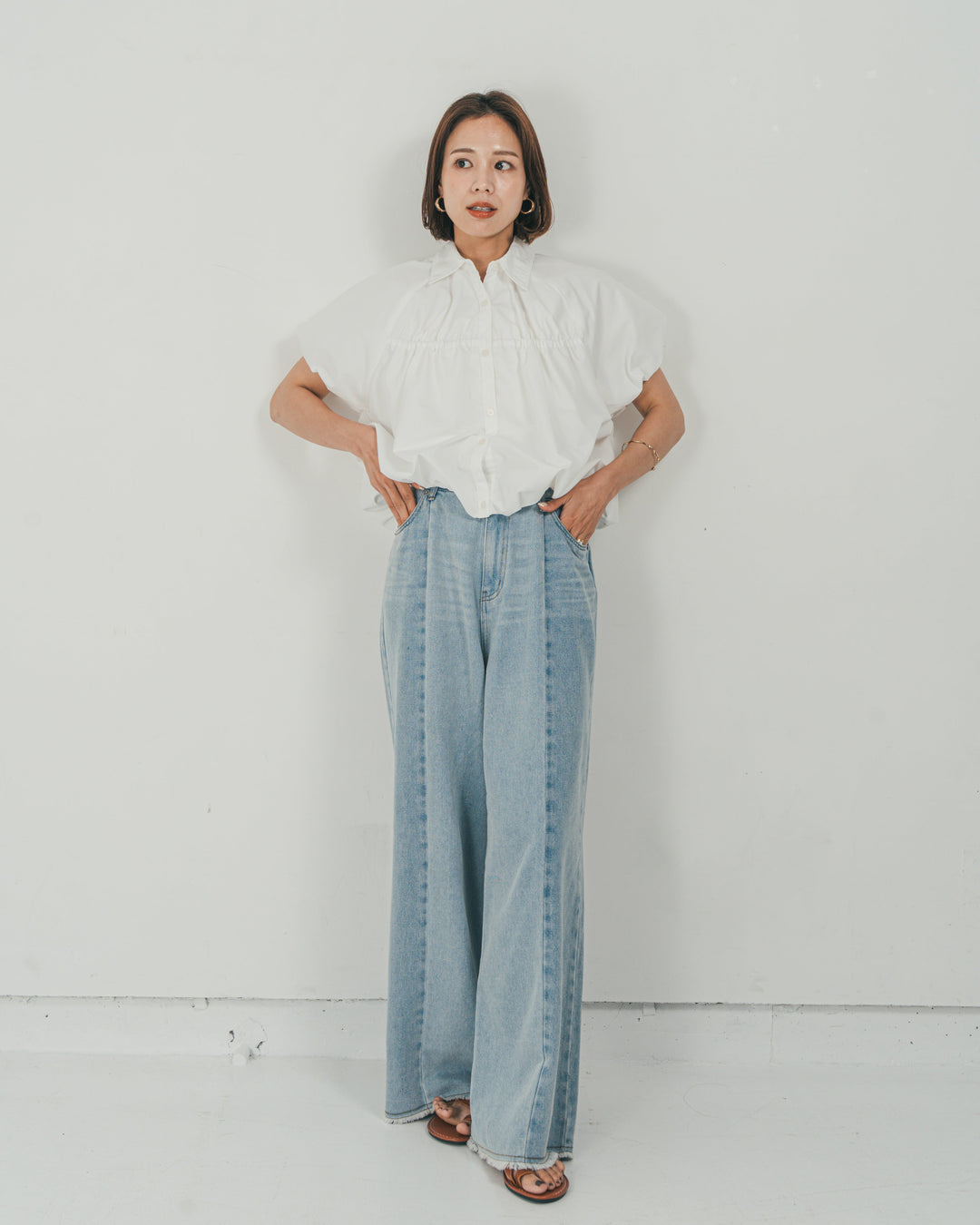 ［SET］バルーンShirringハーフスリーブシャツ + 10oz ニュアンスバイカラー リラックスワイドデニム（2SET）