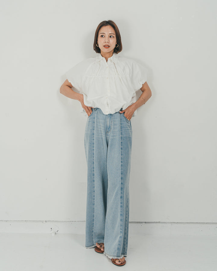 ［SET］バルーンShirringハーフスリーブシャツ + 10oz ニュアンスバイカラー リラックスワイドデニム（2SET）