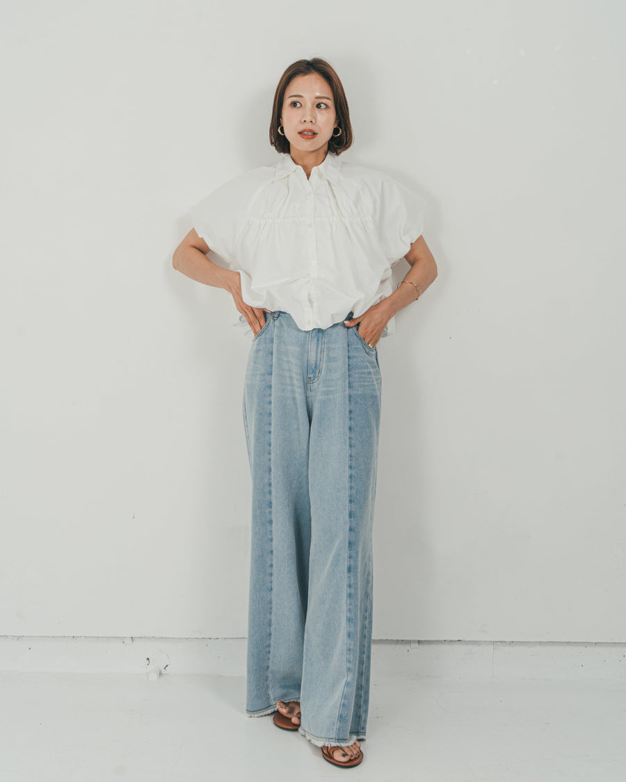 ［SET］バルーンShirringハーフスリーブシャツ + 10oz ニュアンスバイカラー リラックスワイドデニム（2SET）