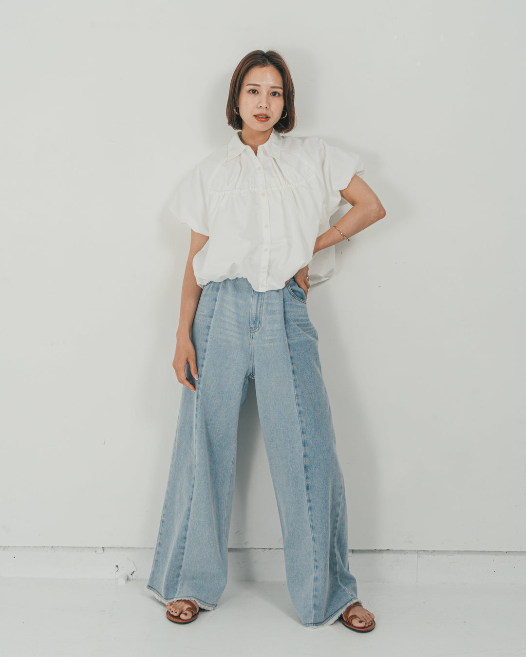 ［SET］バルーンShirringハーフスリーブシャツ + 10oz ニュアンスバイカラー リラックスワイドデニム（2SET）