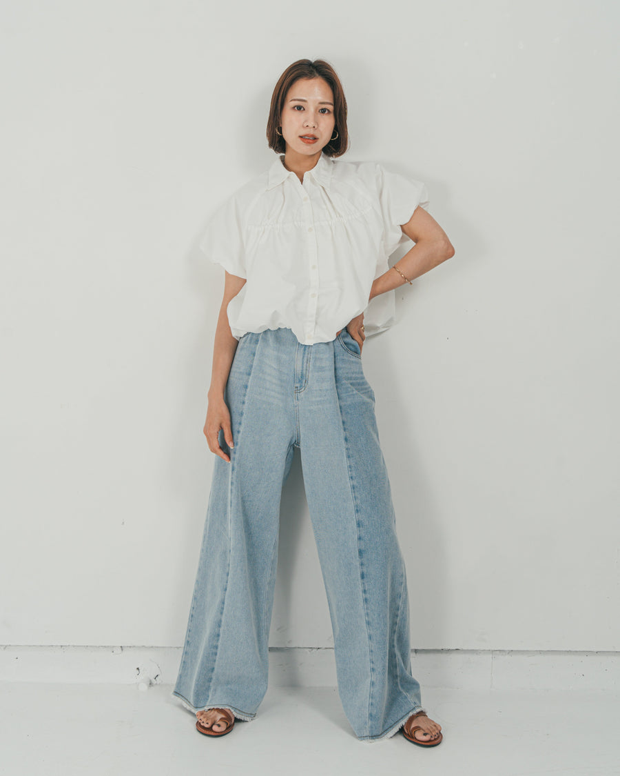 ［SET］バルーンShirringハーフスリーブシャツ + 10oz ニュアンスバイカラー リラックスワイドデニム（2SET）