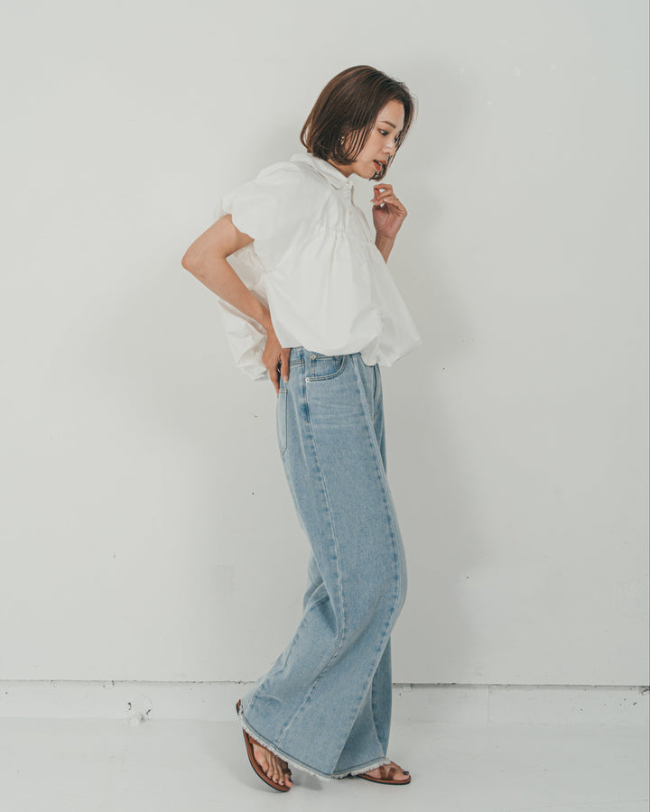 ［SET］バルーンShirringハーフスリーブシャツ + 10oz ニュアンスバイカラー リラックスワイドデニム（2SET）
