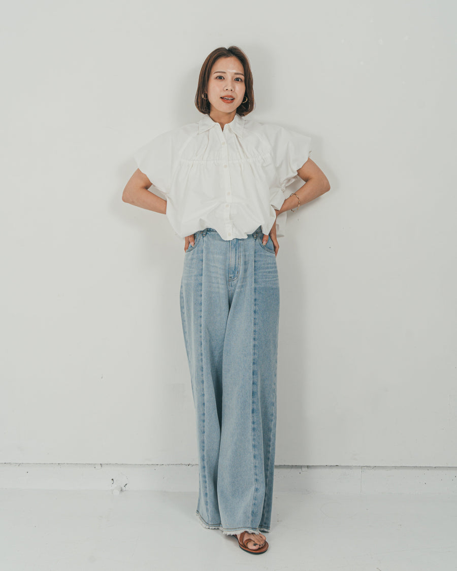 ［SET］バルーンShirringハーフスリーブシャツ + 10oz ニュアンスバイカラー リラックスワイドデニム（2SET）