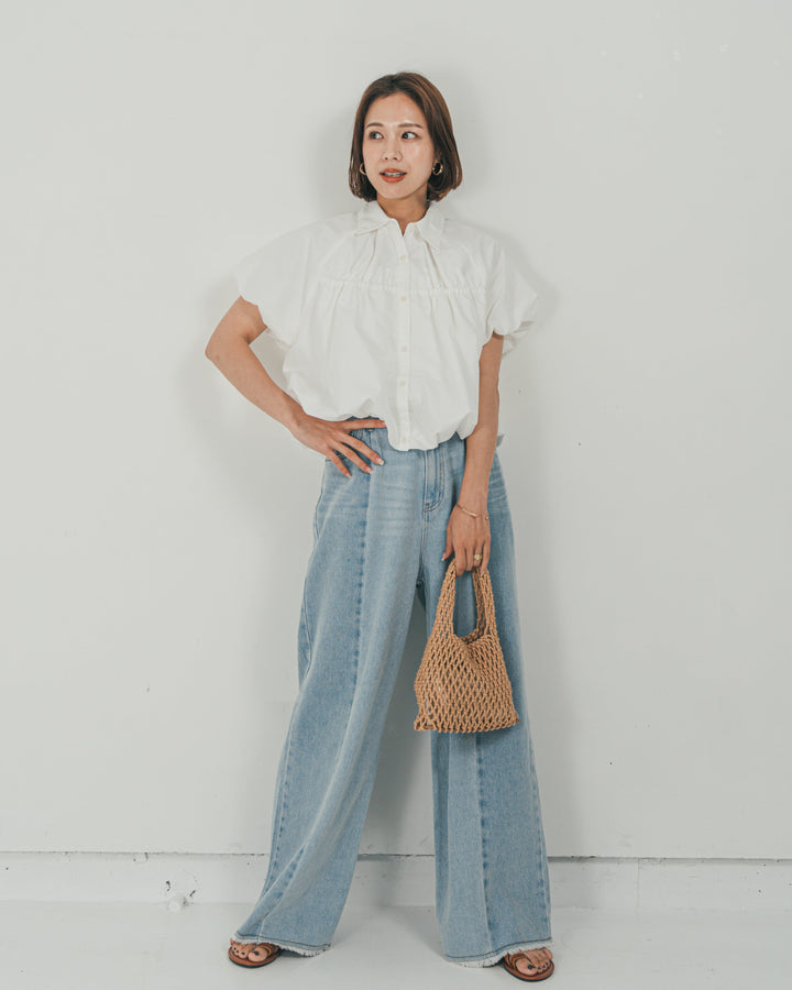 ［SET］バルーンShirringハーフスリーブシャツ + 10oz ニュアンスバイカラー リラックスワイドデニム（2SET）