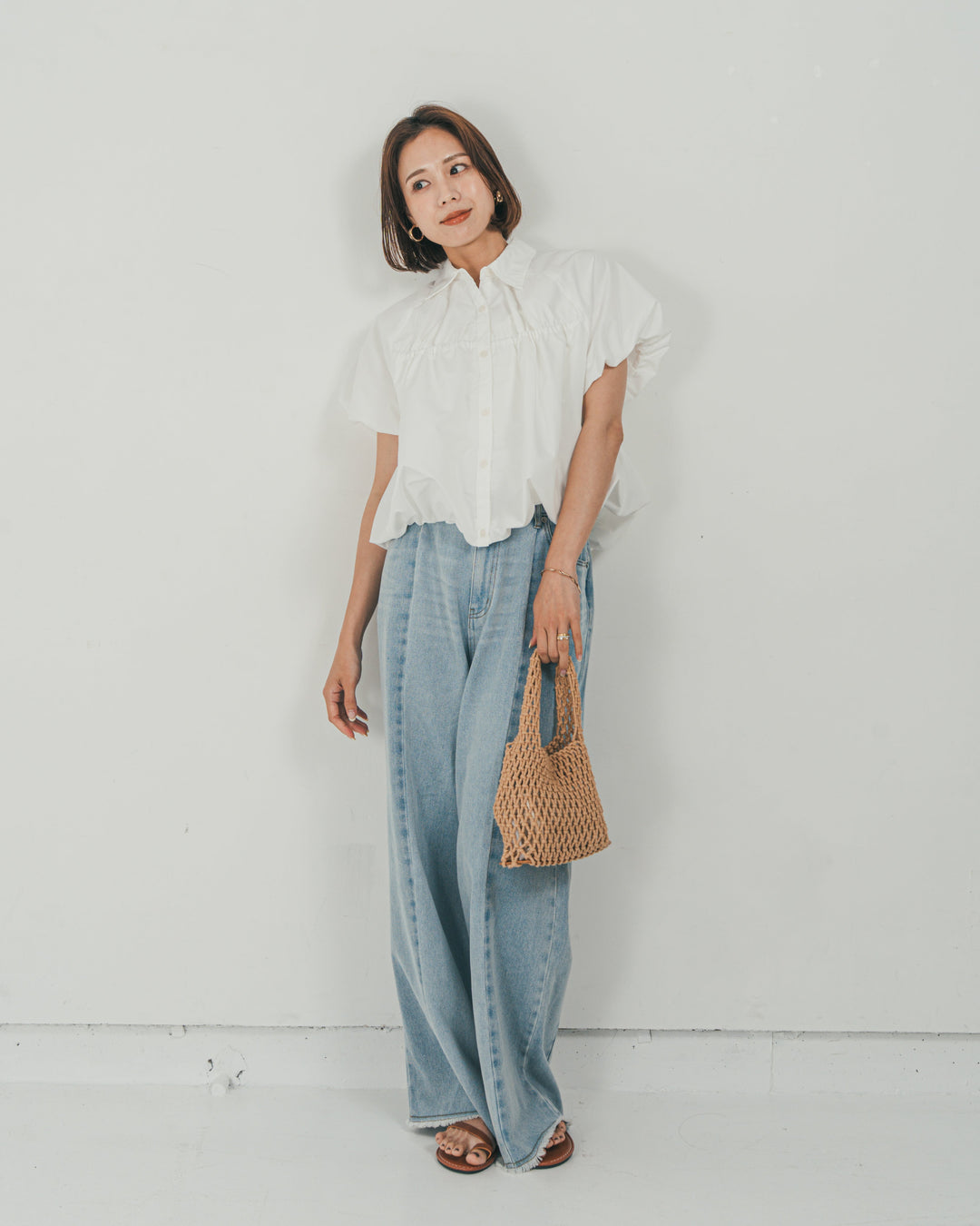 ［SET］バルーンShirringハーフスリーブシャツ + 10oz ニュアンスバイカラー リラックスワイドデニム（2SET）