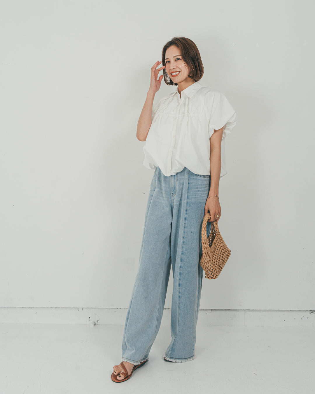 ［SET］バルーンShirringハーフスリーブシャツ + 10oz ニュアンスバイカラー リラックスワイドデニム（2SET）