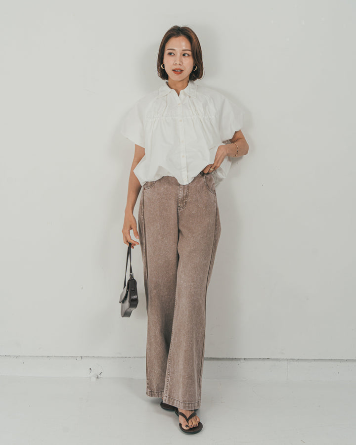 ［SET］バルーンShirringハーフスリーブシャツ + 10oz サイドタック リラックスデニムパンツ（2SET）