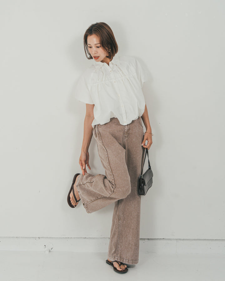 ［SET］バルーンShirringハーフスリーブシャツ + 10oz サイドタック リラックスデニムパンツ（2SET）