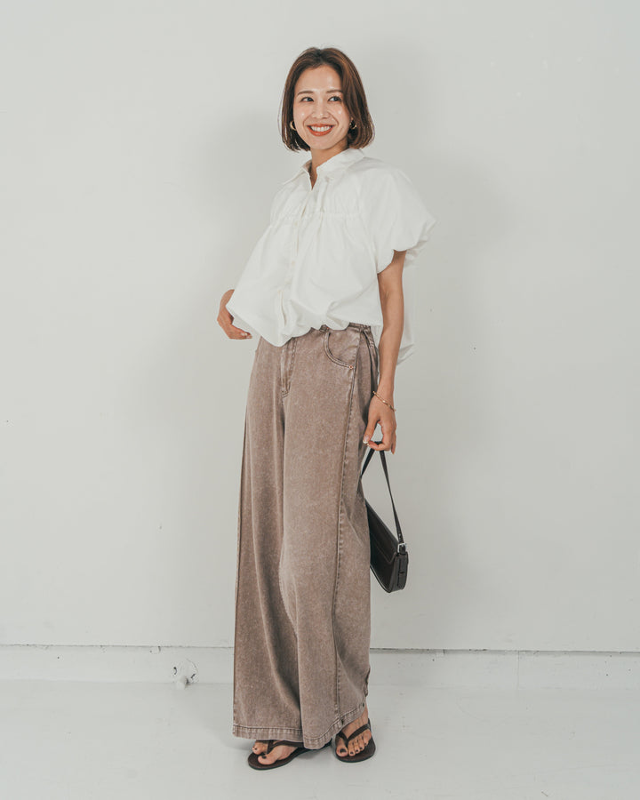 ［SET］バルーンShirringハーフスリーブシャツ + 10oz サイドタック リラックスデニムパンツ（2SET）