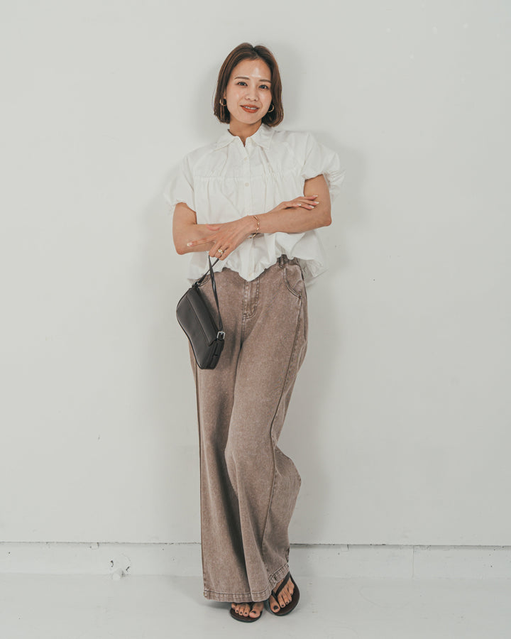 ［SET］バルーンShirringハーフスリーブシャツ + 10oz サイドタック リラックスデニムパンツ（2SET）
