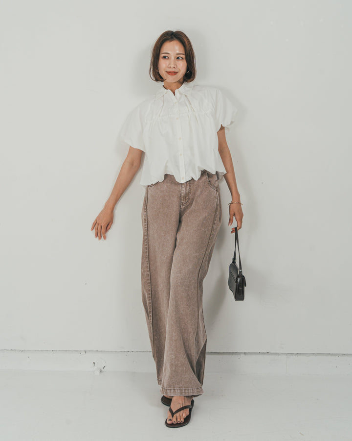 ［SET］バルーンShirringハーフスリーブシャツ + 10oz サイドタック リラックスデニムパンツ（2SET）